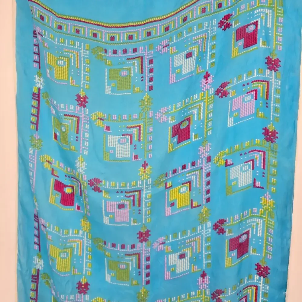 Vintage Desen India 100% Turkish Silk Scarf – Bright Blue Folk Geometric Pattern